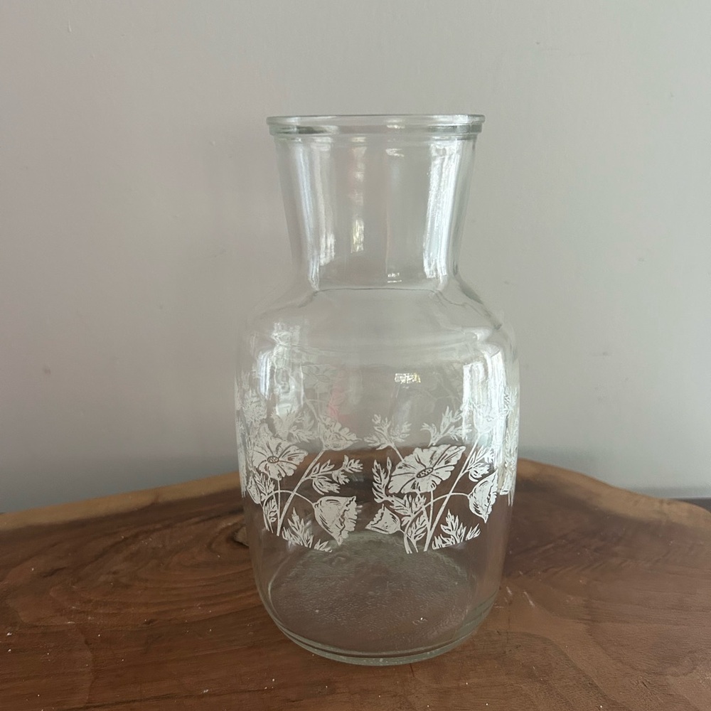 Glass Juice Jug Decanter with White Floral Design